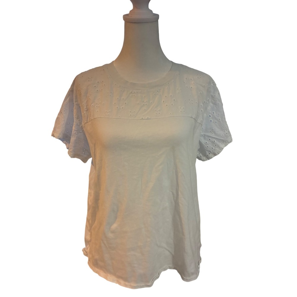 Time and Tru Womens White Eyelet Yoke Short Sleeve Cotton T-Shirt Size M 8-10
